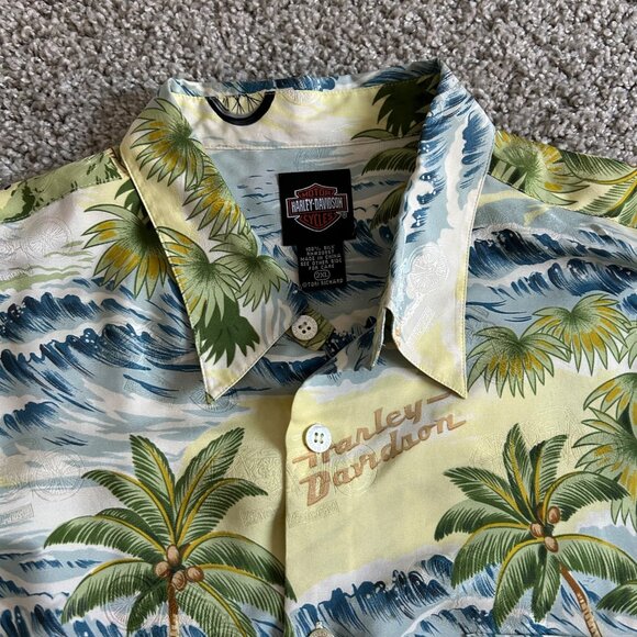 Harley-Davidson Tori Richard 2XL Hawaiian Shirt 100% Silk Palm & Motorcycles - Picture 3 of 11